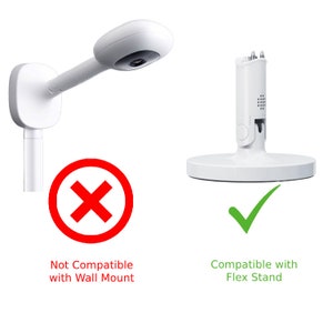 May include: A white baby monitor with a camera and a stand. The monitor is not compatible with a wall mount, but it is compatible with a flex stand. The image shows a red X over the wall mount and a green checkmark over the flex stand.