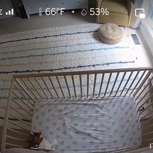 May include: A white crib with a white and pink patterned sheet. A small stuffed animal and a brown and white dog toy are in the crib. The crib is on a white and gray striped rug. The text "nanit" is visible in the lower right corner of the image.