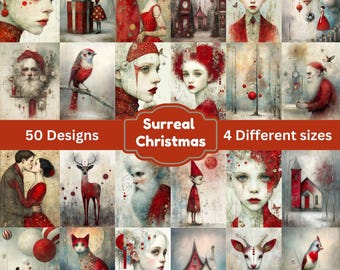 Può includere: Una collezione di stampe artistiche natalizie surreali. Le immagini presentano una varietà di soggetti, tra cui ritratti, animali e scene stravaganti, il tutto in una tavolozza di colori tenui con accenti rossi. Il testo sull'immagine recita "50 Designs", "Surreal Christmas" e "4 Different sizes".