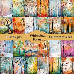 Fundos imprimíveis de floresta caprichosa, papel digital de quatro estações da floresta, papéis de colagem, páginas coloridas de scrapbooking, suprimentos de diário de lixo