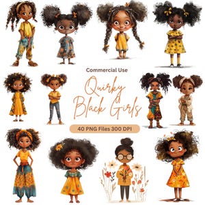 Quirky Black Girls Clipart, Cute Quirky Afro Girls Clipart, whimsical scrapbook printable supplies, Cute African Girl PNG bundle Paper Craft