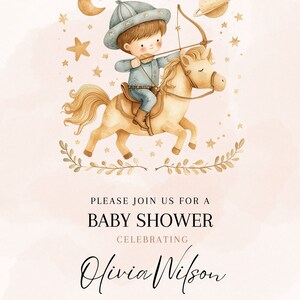 May include: A baby shower invitation featuring a watercolour illustration of a boy riding a horse with a bow and arrow. The background is a light pink with gold stars and a crescent moon. The text reads "Please join us for a baby shower celebrating Olivia Wilson. 18th December at 4:00 PM. 123 Anywhere St., Any City, ST 12345. RSVP to Avery at +123-456-7890."