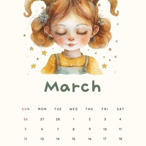 May include: A watercolour illustration of a girl with ram horns and closed eyes. The illustration is surrounded by gold stars. The text "March" is written in green below the illustration. A calendar grid with the month of March is shown below the text.
