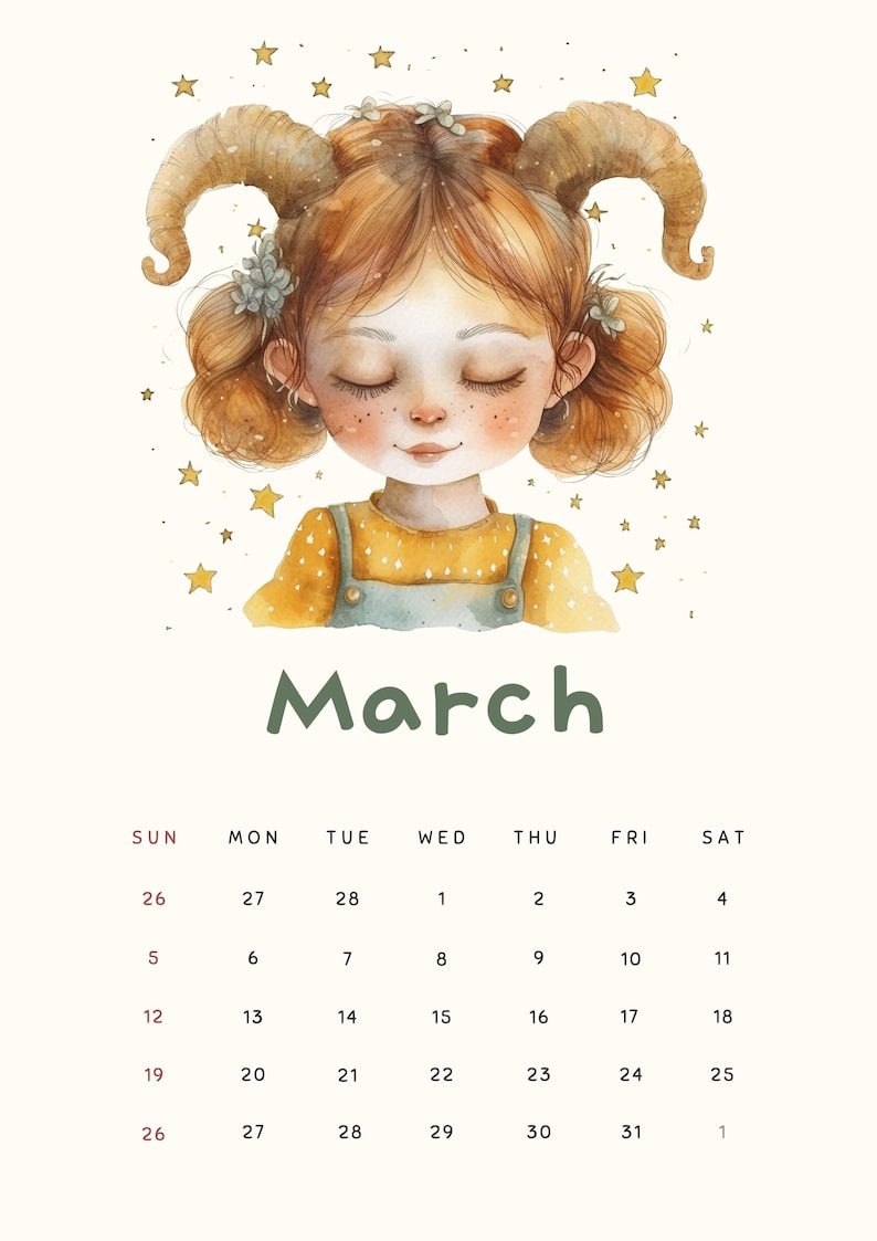 May include: A watercolour illustration of a girl with ram horns and closed eyes. The illustration is surrounded by gold stars. The text "March" is written in green below the illustration. A calendar grid with the month of March is shown below the text.