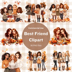 Cute Best Friend Clipart Bundle, Thanksgiving Bestie Clipart, Fall Soul Sisters clipart, 36 Transparent PNG files