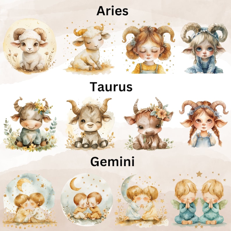 Baby Zodiac Signs Clipart, Baby Zodiac Bundle PNG, Cute Watercolor Zodiac Babyshower Clipart PNG, Nursery Decoration png, astrology clipart