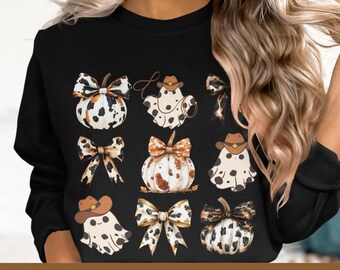 Western Halloween PNG: Cowhide Pumpkin, Ghost, Coquette Bow (Digital Download)