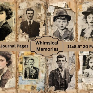 Páginas de diario basura con collage de recuerdos caprichosos, hojas de collage de fotografías y cartas antiguas, diario basura con técnica mixta y álbumes de recortes imprimibles