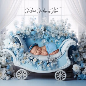 Floral Princess Newborn Bed Digital Backdrop: Blue & White Flowers (Digital Download)