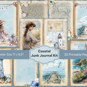 Kit de journal aquarelle de déchets côtiers, papiers côtiers vintage, impressions vintage bord de mer, album de scrapbooking paysages bord de mer à imprimer, journal de plage