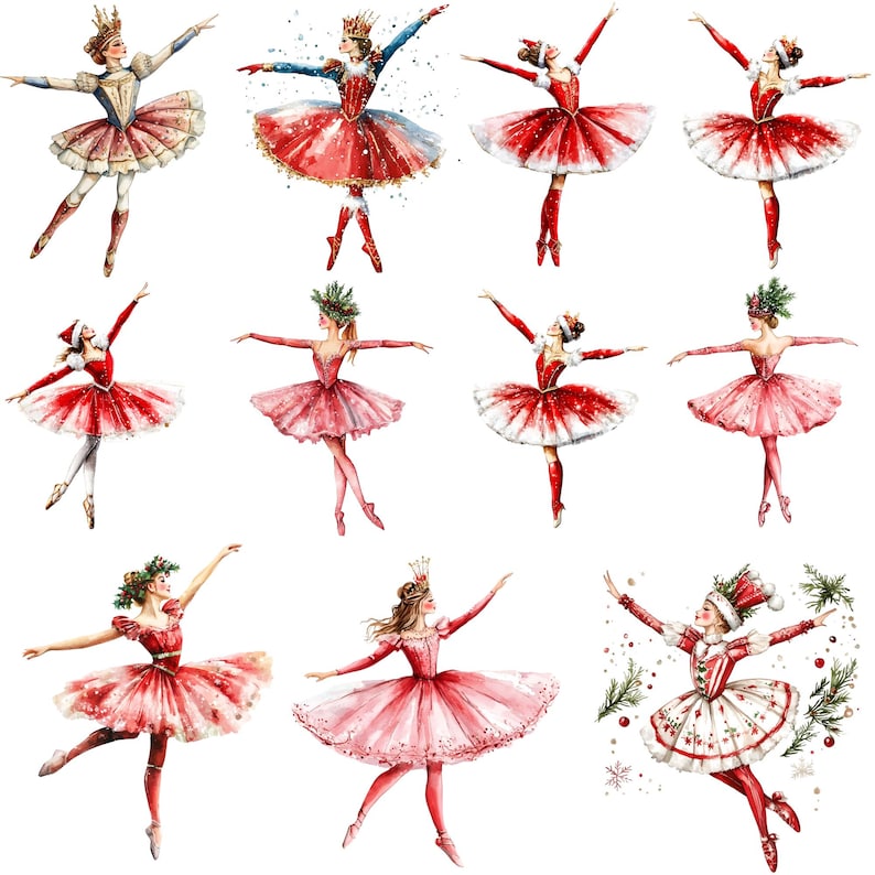 Watercolor Nutcracker Clipart Bundle, Nutcracker Ballet Dancers PNG designs, Coquette Christmas, ballet clipart, christmas ballerina PNG