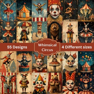 Whimsical Vintage Circus Mixed Media Art, Vintage Circus Junk Journal Pages, vintage Carnival papers, Scrapbook Supplies, Collage Sheet