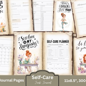 May include: Printable junk journal pages featuring illustrations of girls and inspirational quotes. The pages include a monthly planner, daily gratitude log, daily planner, self-care planner, and self-love affirmations. The pages are 11 inches by 8.5 inches and 300 DPI.