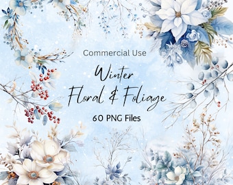May include: A collection of 60 winter floral and foliage illustrations in watercolor style. The illustrations feature blue, white, and red flowers, berries, and branches. The illustrations are perfect for creating winter-themed designs.