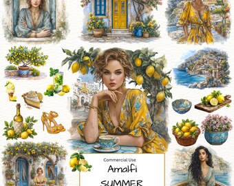 May include: Watercolor illustrations featuring a summer theme with lemons and women. The images include a woman in a yellow dress, a lemon tree, and a coastal scene. Text reads "Amalfi Summer" and "50 PNG Files | 300 DPI".