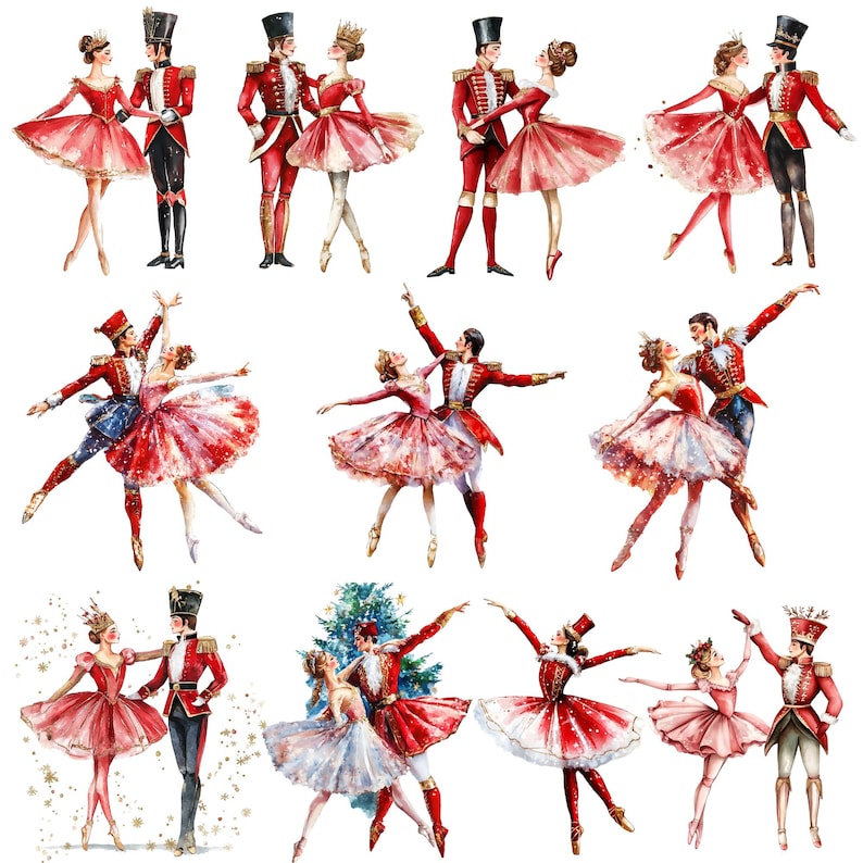 Watercolor Nutcracker Clipart Bundle, Nutcracker Ballet Dancers PNG designs, Coquette Christmas, ballet clipart, christmas ballerina PNG