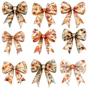 May include: Nine watercolor illustrations of bows with fall-themed floral patterns in shades of orange, brown, and cream.