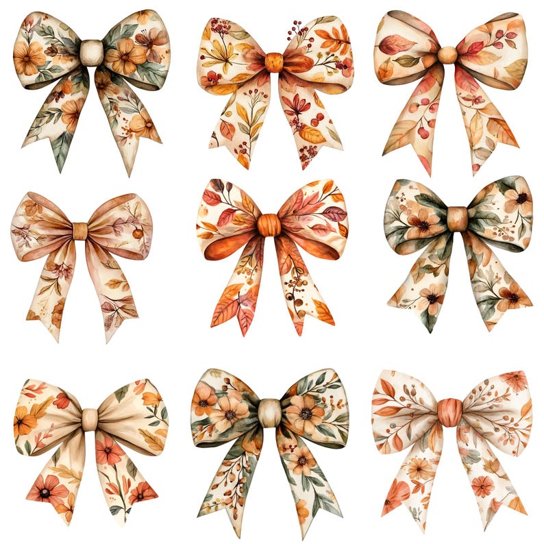 May include: Nine watercolor illustrations of bows with fall-themed floral patterns in shades of orange, brown, and cream.