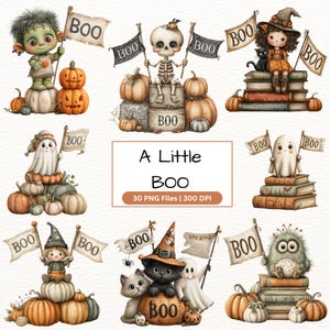 May include: A digital art collection featuring whimsical Halloween characters, including a zombie, skeleton, witch, ghost, and owl, each holding a "BOO" flag. Pumpkins and stacks of books are also present. The text "A Little BOO" is displayed.