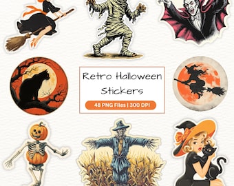Retro Halloween Clipart PNG Bundle: Vintage Stickers for Junk Journals (Digital Download