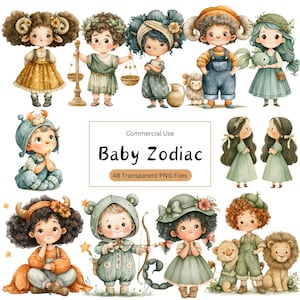 May include: A collection of watercolour illustrations featuring baby zodiac signs. Each baby is depicted with associated symbols and outfits. The image includes the text "Baby Zodiac" and "48 Transparent PNG Files".