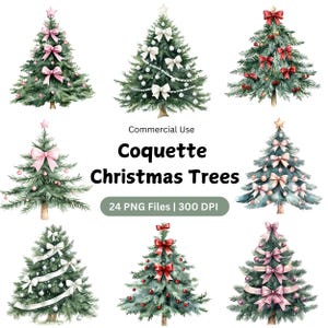 Pacchetto clipart di alberi di Natale Coquette ad acquerello, fiocco Coquette PNG, vacanze retrò png, disegni di sublimazione natalizia, vibrazioni natalizie png