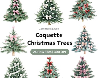 Watercolor Coquette Christmas Tree Clipart Bundle (PNG Digital Download)
