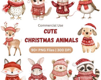 Bundle de cliparts animaux de Noël, Aquarelle festive PNG (téléchargement numérique