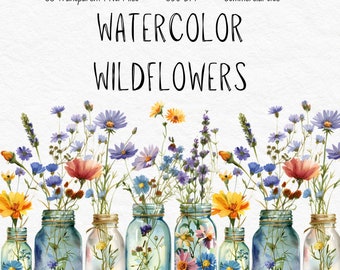 Watercolor Wildflowers in Mason Jars Clipart: Cottagecore Floral PNG (Digital Download)
