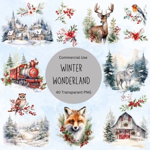 Bundle de cliparts aquarelle au pays des merveilles d'hiver, aquarelle Noël vintage PNG, forêt d'hiver, clipart de scènes d'hiver, animaux de la forêt d'hiver