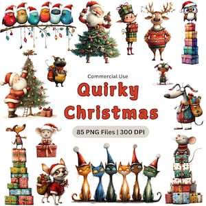 Bundle original de cliparts de Noël, graphiques de Noël fantaisistes aquarelle, clipart drôle de vacances, graphiques idiots, PNG de Noël mignon et drôle
