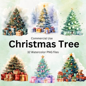 Pacote de clipart de árvore de Natal em aquarela: designs PNG de feriados (download digital)