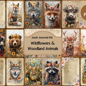 Kit de diario basura con flores silvestres y animales del bosque, descarga digital de animales del bosque de verano, impresión digital de la naturaleza, diario basura con flores silvestres