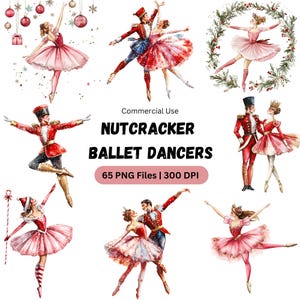Paquete de imágenes prediseñadas de Cascanueces en acuarela, diseños PNG de bailarinas de ballet de Cascanueces, Navidad coqueta, clipart de ballet, bailarina navideña PNG