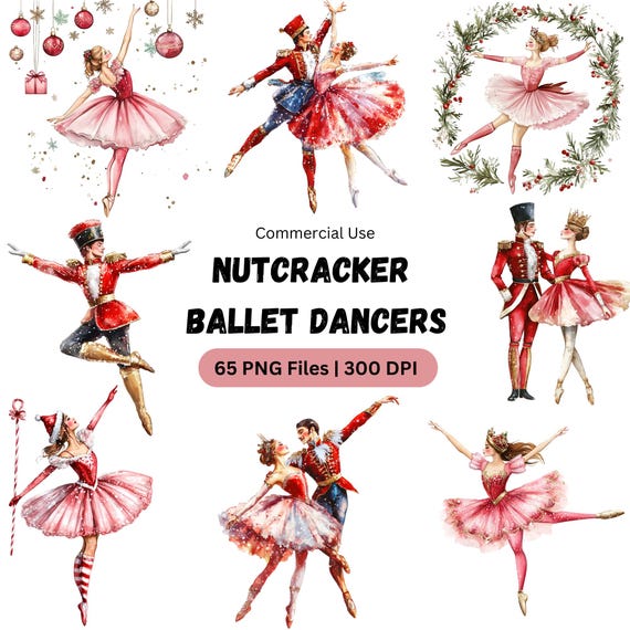 Watercolor Nutcracker Ballet Clipart: Christmas Ballerinas (PNG Digital Download)