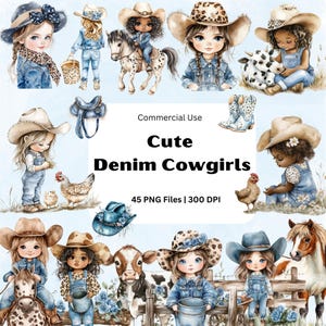 May include: A set of 45 digital clipart images featuring cute cowgirls wearing denim outfits. The images are in PNG format and are 300 DPI. The images include cowgirls with horses, cows, chickens, and other farm animals. The images are perfect for creating invitations, cards, scrapbook pages, and other craft projects.