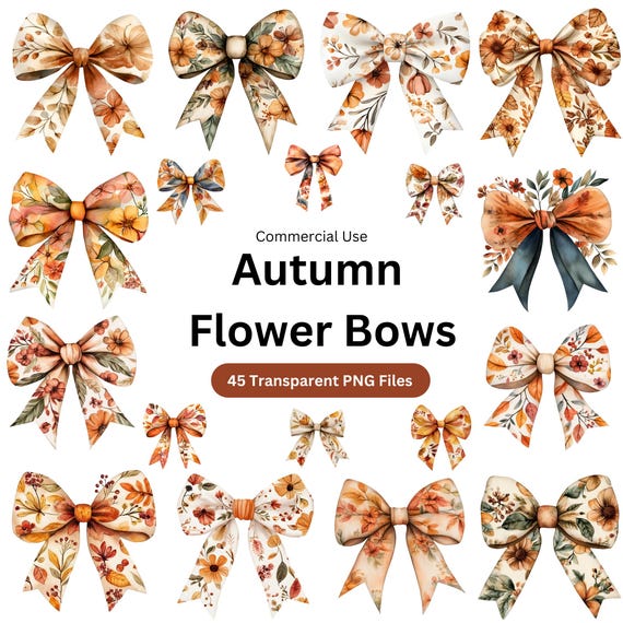 Coquette Autumn Flower Bows Clipart: Rustic Fall PNG Designs (Digital Download)