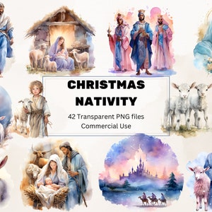 Zestaw clipartów akwarelowych szopek, clipart bożonarodzeniowy, sceny bożonarodzeniowe, pobieranie szopek, clipart religijny, clipart Świętej Rodziny