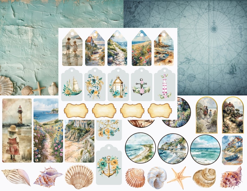 Watercolor Coastal Junk Journal Kit: Vintage Seaside Ephemera (digital ...