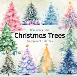 30 Watercolor Christmas Trees Clipart, Pastel Christmas Trees PNG graphics, Christmas sublimation designs, Holiday vibes png, pine tree png