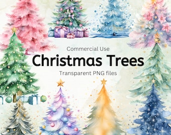 Watercolor Christmas Tree Clipart: Pastel PNG Graphics (Digital Download)