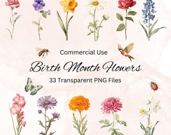Vintage Birth Month Flowers Clipart: Botanical PNG Drawings (Digital Download)