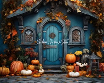 May include: A blue cottage with a teal door and a stone walkway. The cottage is decorated with fall foliage and pumpkins. The text "Digital Design by Kiana" is visible on the door.