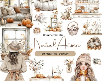 Watercolor Fall Clipart: Neutral Boho Autumn PNG Bundle (Digital Download)