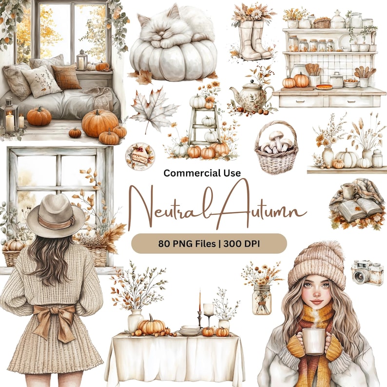 Neutral Fall Clipart, Watercolor Boho Fall PNG bundle, Cosy Fall Clipart, cosy autumnal designs, neutral beige fall, Thanksgiving clipart