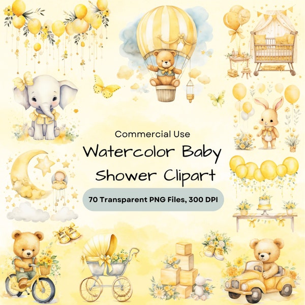 Cute Yellow Watercolor Babyshower Clipart PNG, Teddy Bear Clipart, Nursery Decoration PNG, Neutral Baby Clipart, Newborn Clipart