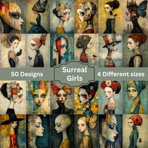 Surrealistische meisjes Mixed Media Art, grillige meisjes junk Journal Kit, digitale kunst, collagepapier, digitaal papier, afdrukbaar scrapbooking aanbod