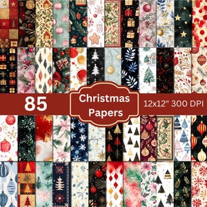May include: 85 digital Christmas paper designs in a collage. The papers feature various Christmas themes, including ornaments, trees, snowflakes, and gifts. The papers are 12x12 inches and 300 DPI.
