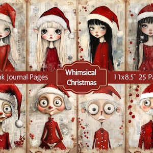 Whimsical Christmas Portraits Junk Journal Pages, winter junk journal collage sheets, holiday Scrapbook Papers, festive graphics, whimsy kit