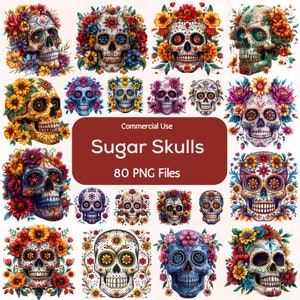 Sugar Skulls PNG Bundle, Day Of The Dead Sugar Skull Clipart, Day Of The Dead Clipart, Dia De Los Muertos flower skulls, Mexican Halloween
